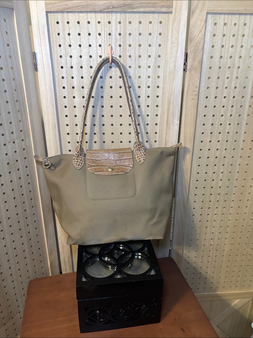 Longchamp Taupe Tote with Croc-Embossed Trim